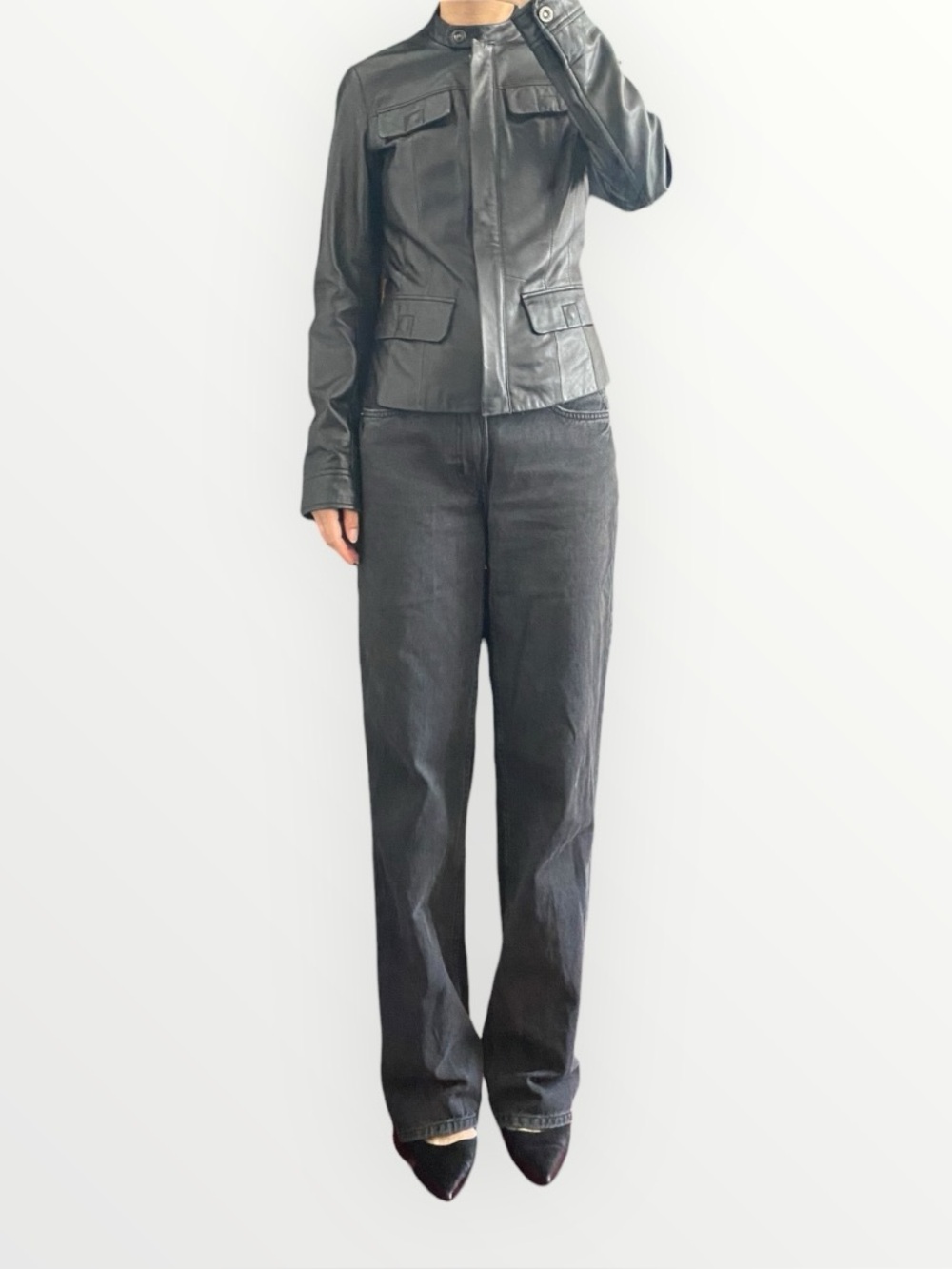 Danier Women’s Black Moto Double Zip Multi Pocket Leather Jacket Size XXS